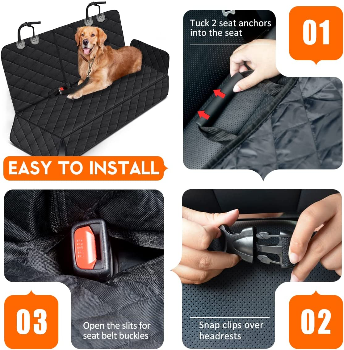 Dog Car Seat Cover - Waterproof Back Seat Protector for Pets, Non-Slip Design Compatible with Most Vehicles - Black