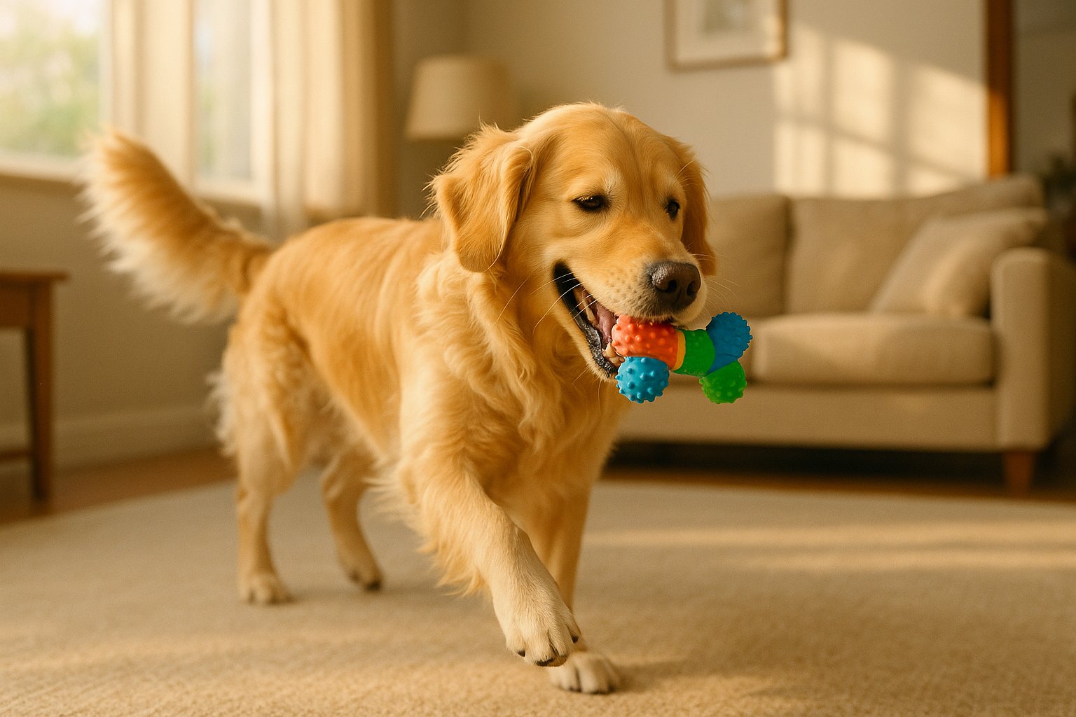 A happy golden retriever dog (or a playful tabby cat) actively playing with a colorful squeaky toy (or a feathered wand toy) in a cozy, sunlit living room. The pet is mid-action, focused on the toy, with a joyful expression. Soft, natural lighting. Photorealistic style. Shallow depth of field to keep focus on the pet and toy.